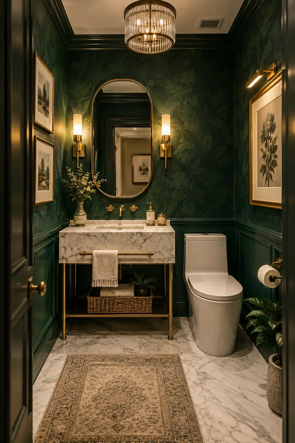 Luxury jewel box powder room with deep emerald green walls, marble vanity, antique brass faucet, oval mirror, warm brass sconces, white ceramic sink, and elegant decorative accents.