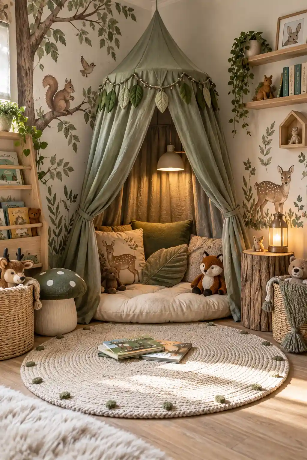 Enchanted woodland playroom nook with a cozy reading tent, leafy botanical wall decor, woodland animal accents, natural wood shelving, woven baskets, children's books, and soft sage green furnishings.