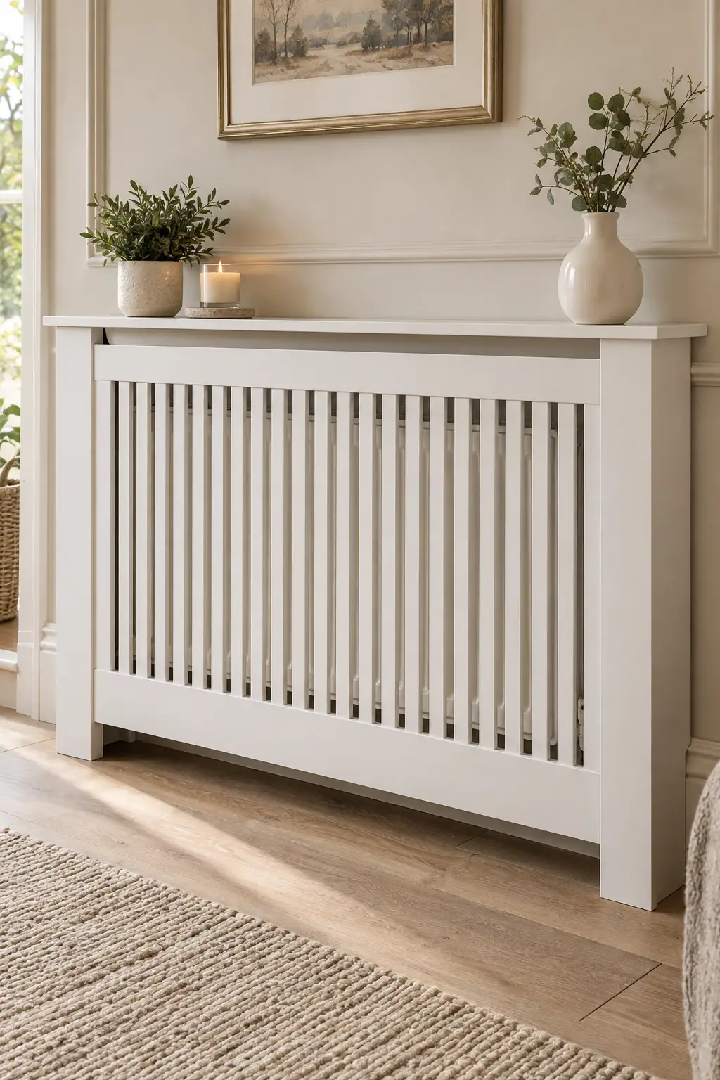 Classic white slatted radiator cover with evenly spaced vertical panels and a slim decorative ledge in a bright neutral home interior.