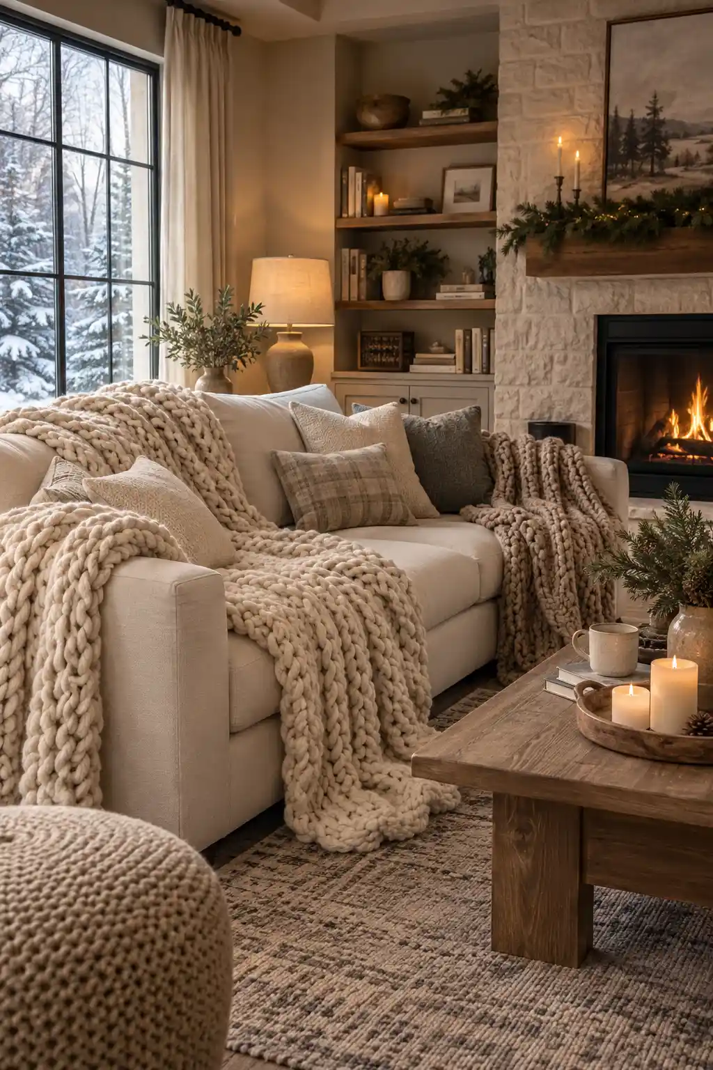 Cozy winter living room with a neutral sofa layered with oversized chunky knit throw blankets, textured pillows, a wool rug, wooden coffee table, and warm ambient lighting.