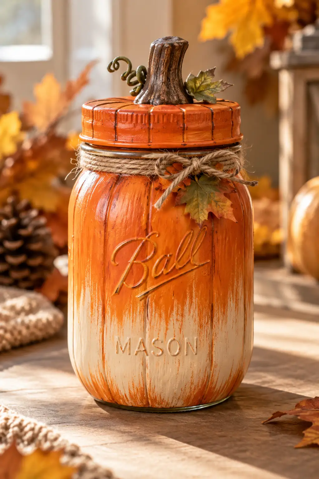 Painted pumpkin Mason jar decorated with orange and cream ombré paint, a mini brown pumpkin stem topper, and subtle fall accents on a warm tabletop.