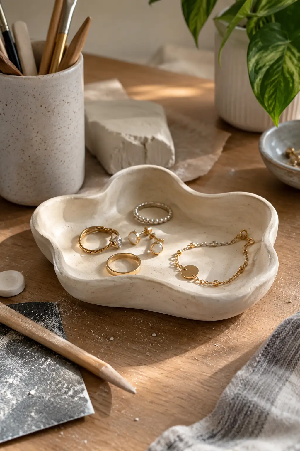 Handmade air dry clay organic-shaped trinket dish with irregular free-form edges holding rings, earrings, and a bracelet on a modern tabletop.