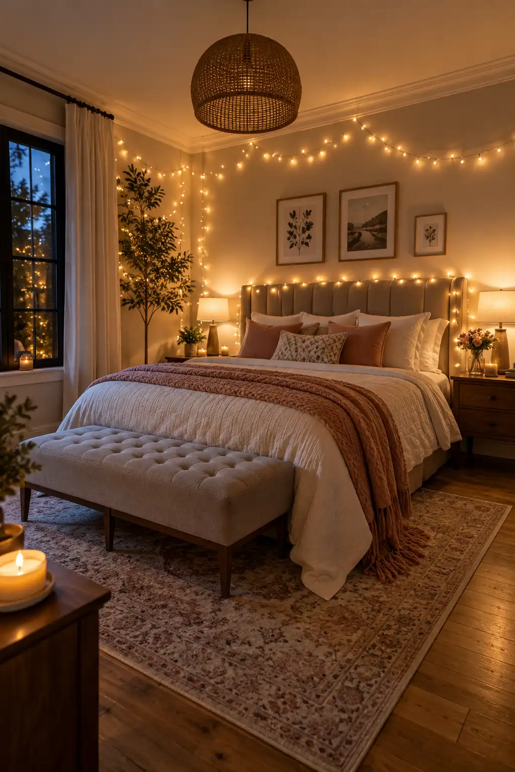 Romantic bedroom decorated with warm fairy string lights draped around the upholstered headboard, creating a cozy amber glow with soft layered bedding, pillows, and elegant bedside decor.