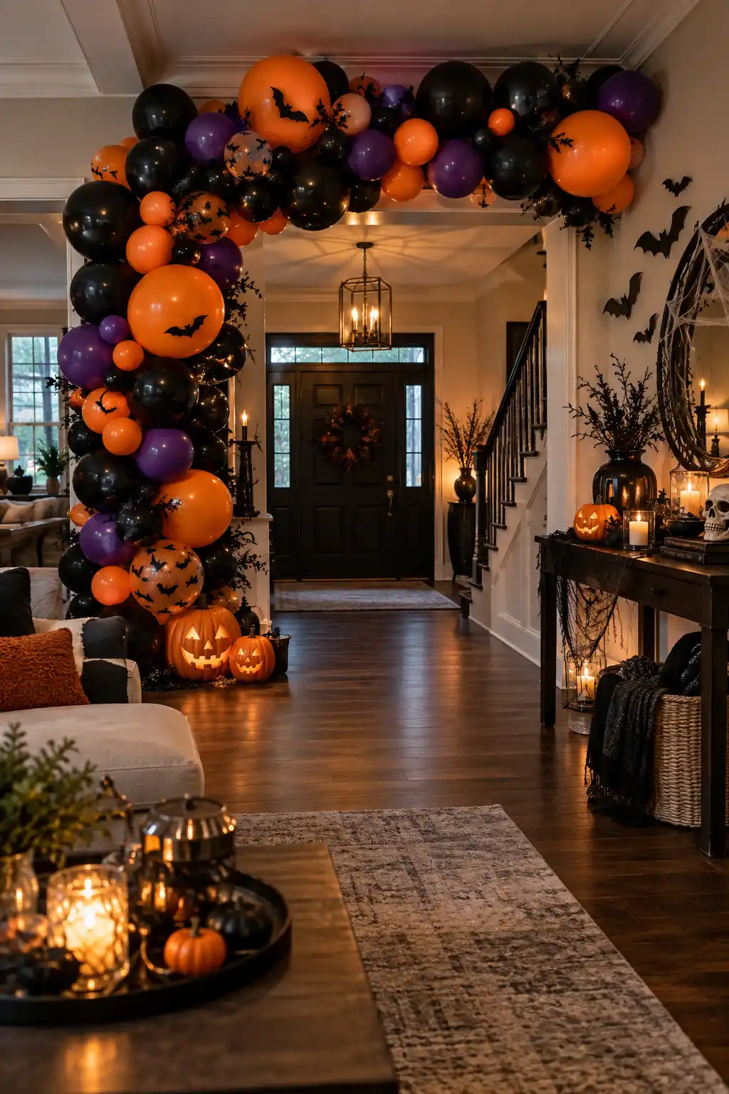 Black, orange, and purple Halloween balloon garland decorating a living room wall and entryway with pumpkins, black bats, and subtle cobweb accents.