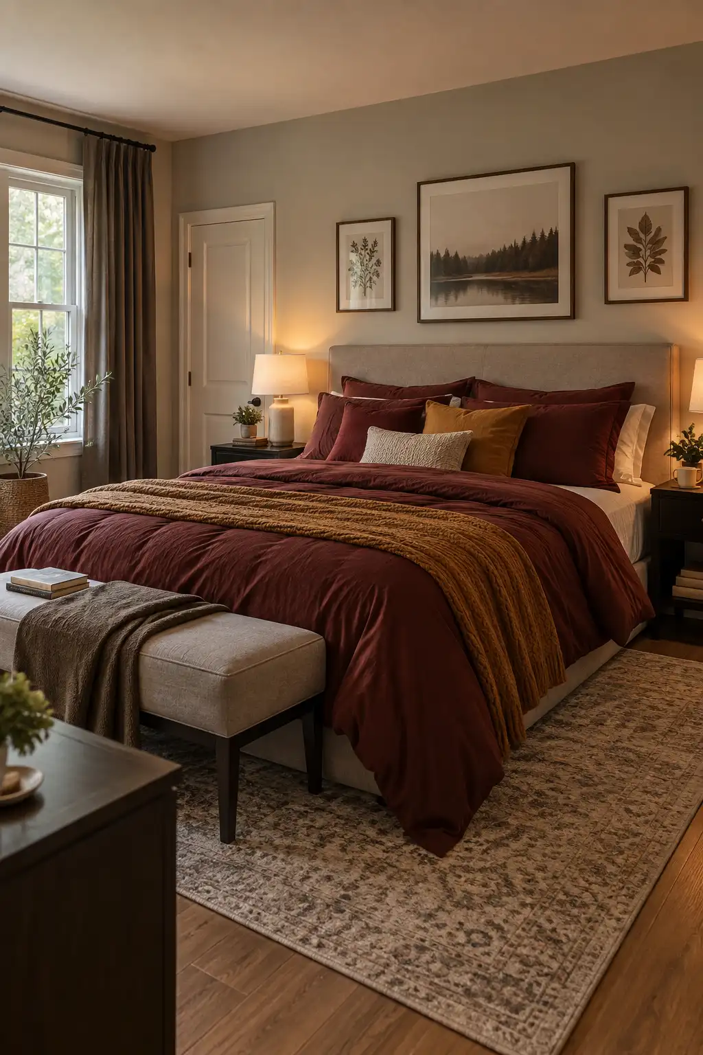 Realistic fall bedroom with dark maroon, mustard, brown, and warm rust bedsheets and cushion covers creating a cozy seasonal look with neutral furniture and soft lighting.