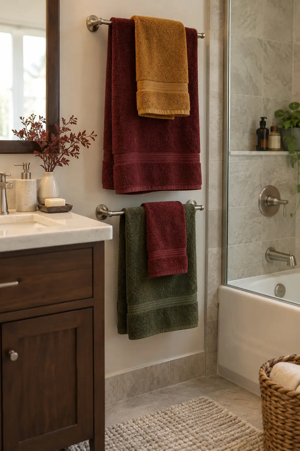 Realistic fall bathroom featuring deep burgundy, mustard, and olive green bath towels hanging neatly beside a bathtub, with a clean vanity, ceramic fixtures, and warm seasonal colors.