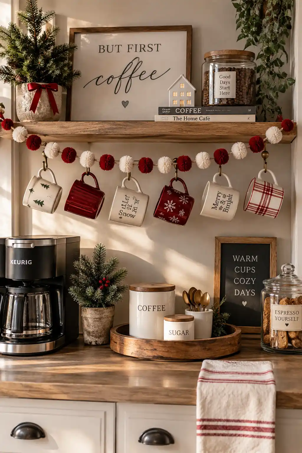 Cozy winter coffee bar with a soft pom-pom garland draped across a wooden shelf and ceramic coffee mugs hanging underneath, styled with a coffee maker, wooden tray, evergreen accents, and warm seasonal decor.