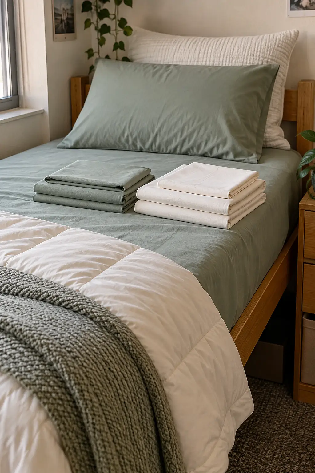 Twin XL sheets neatly fitted on a college dorm bed with a second clean sheet set folded nearby, showing an essential bedding item every freshman needs for a comfortable dorm room.