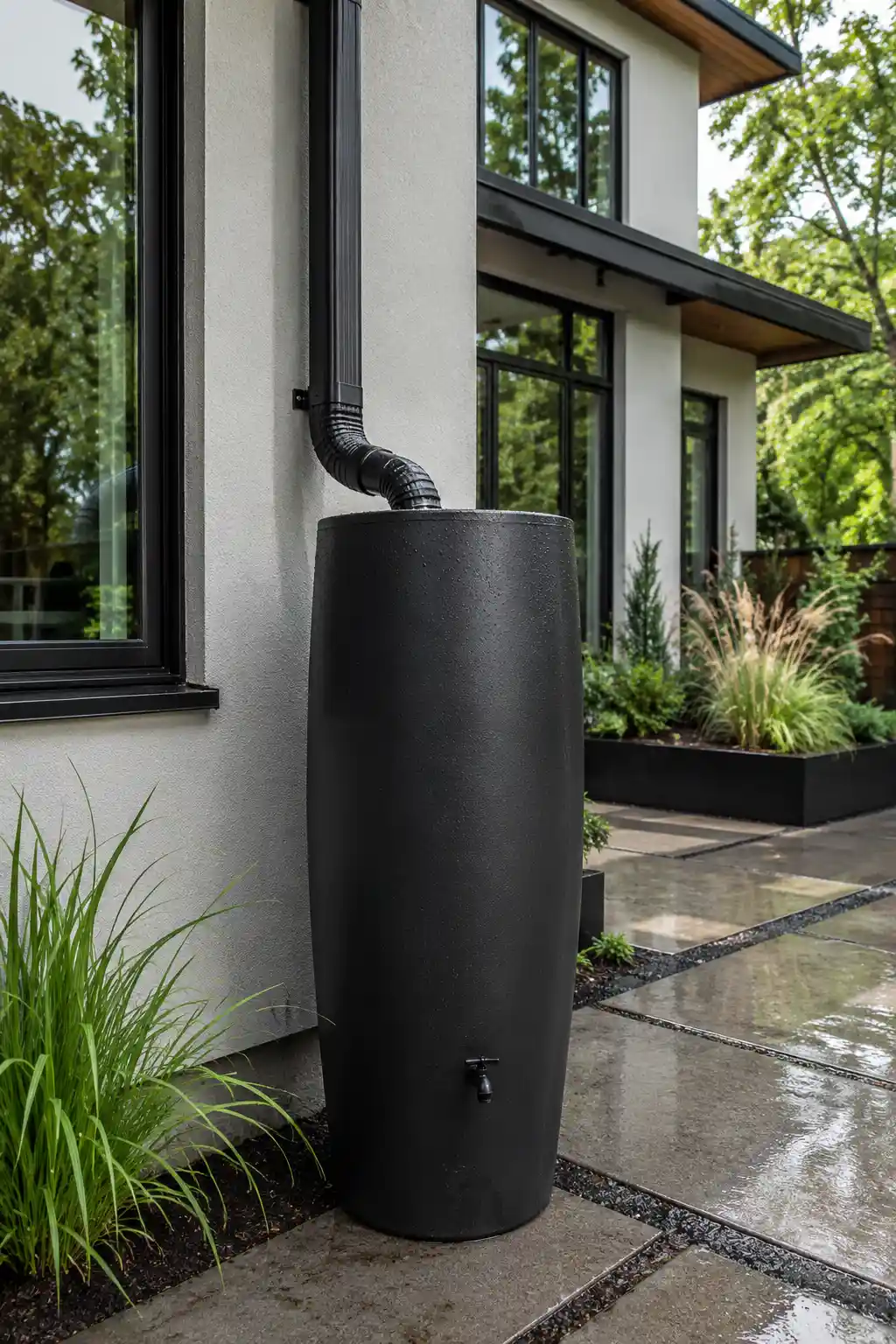Stylish matte-black sculptural rain barrel beside a modern home, featuring a sleek cylindrical design, minimalist black spigot, contemporary concrete paving, architectural greenery, and a clean modern backyard landscape.