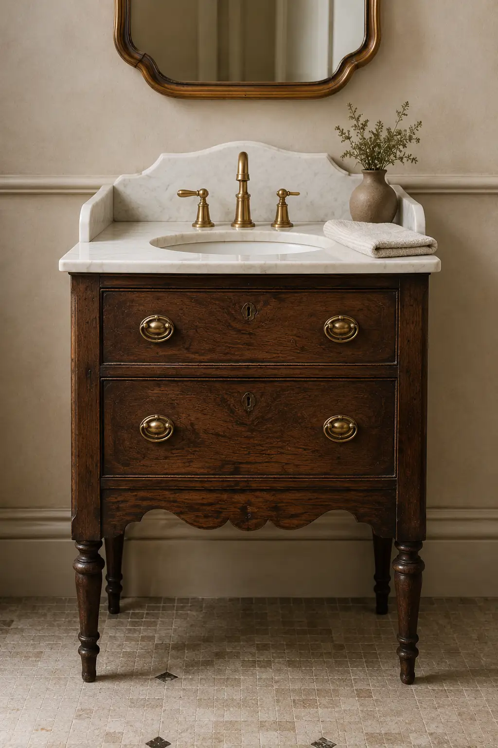 Small bathroom featuring a vintage wooden cabinet converted into a stylish vanity with a stone countertop, compact sink, brass hardware, and linen towel.