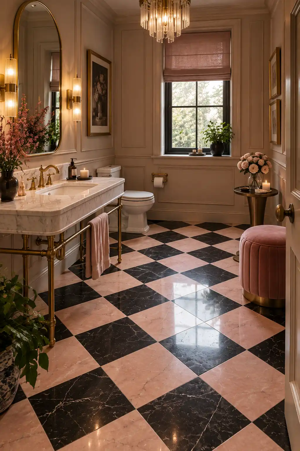 Glamorous powder room with a black and blush pink checkerboard floor, elegant brass fixtures, sculptural vanity, decorative mirror, velvet seating, and sophisticated luxury styling.