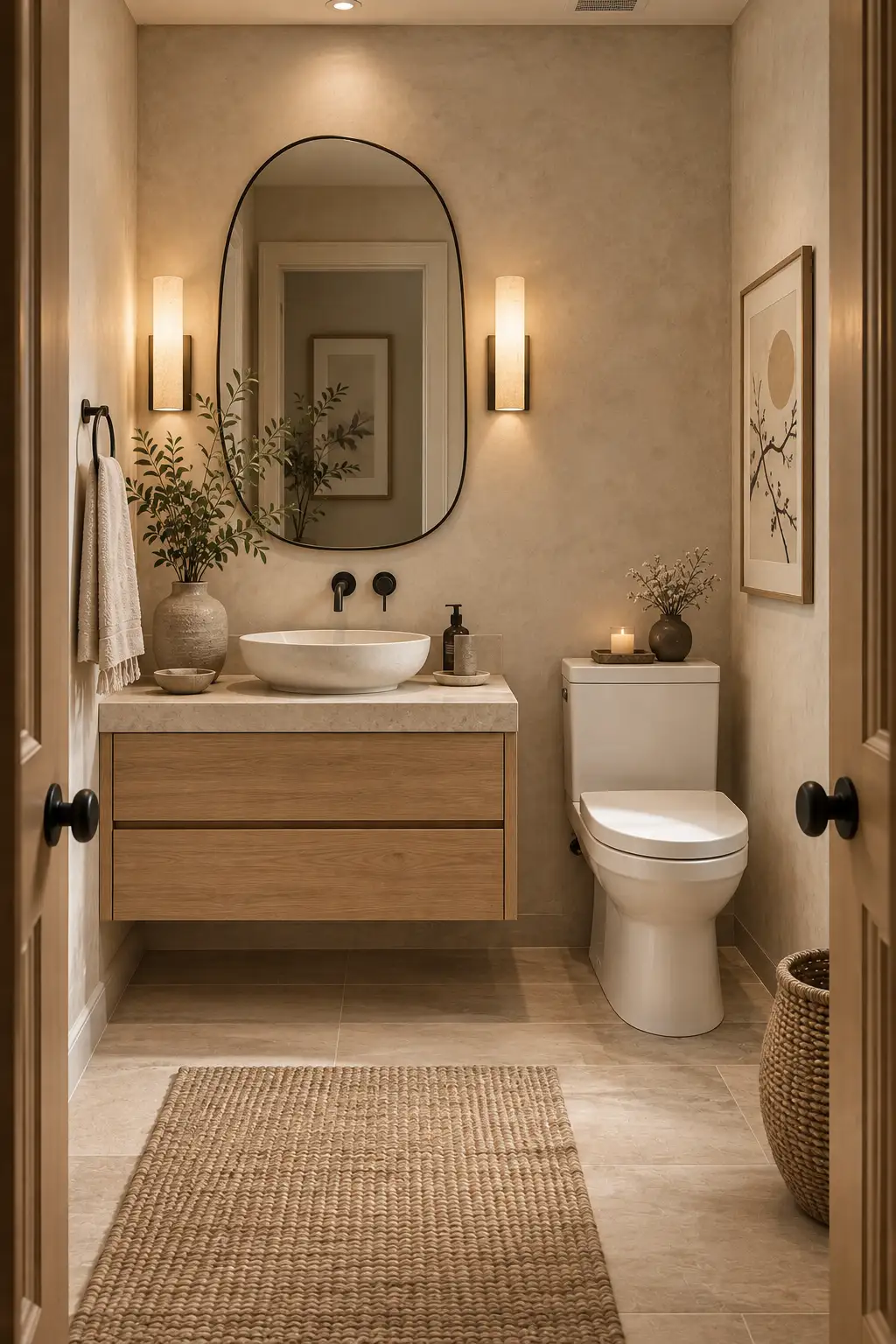 Serene Japandi powder room with pale natural oak floating vanity, warm beige plaster walls, light stone countertop, curved mirror, matte black faucet, soft lighting, and minimalist natural décor.