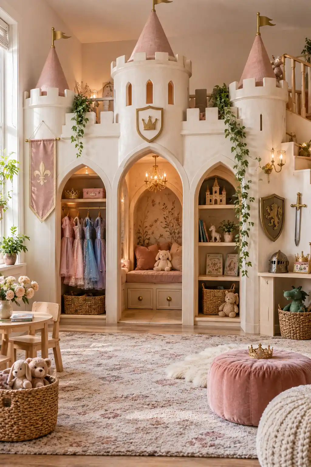 Castle-themed children's playroom with elegant arched play structures, soft pastel furnishings, subtle gold accents, crown-shaped hooks, dress-up storage, and imaginative play decor.