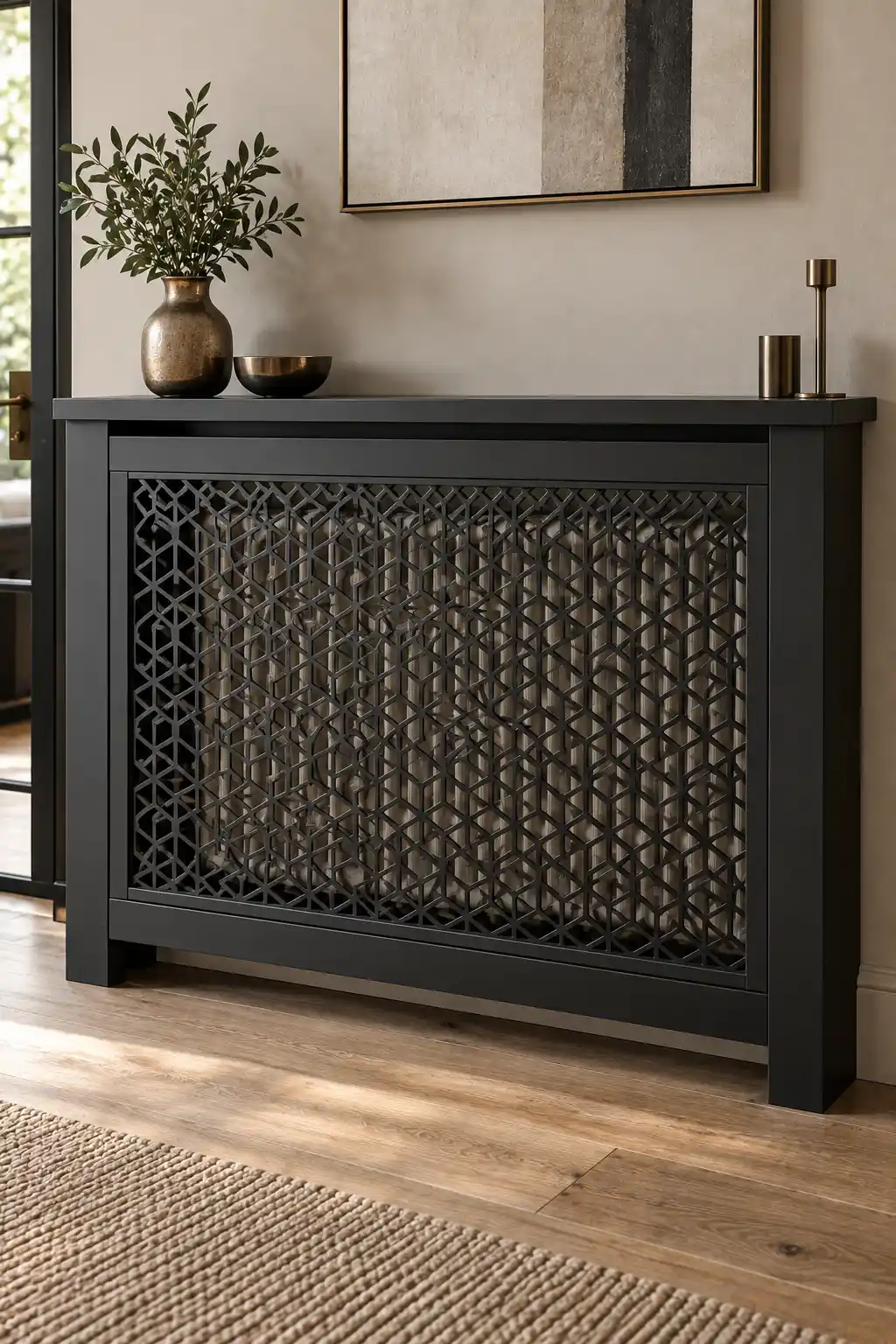 Contemporary matte black radiator cover featuring an angular geometric metal mesh pattern and a sleek modern frame.