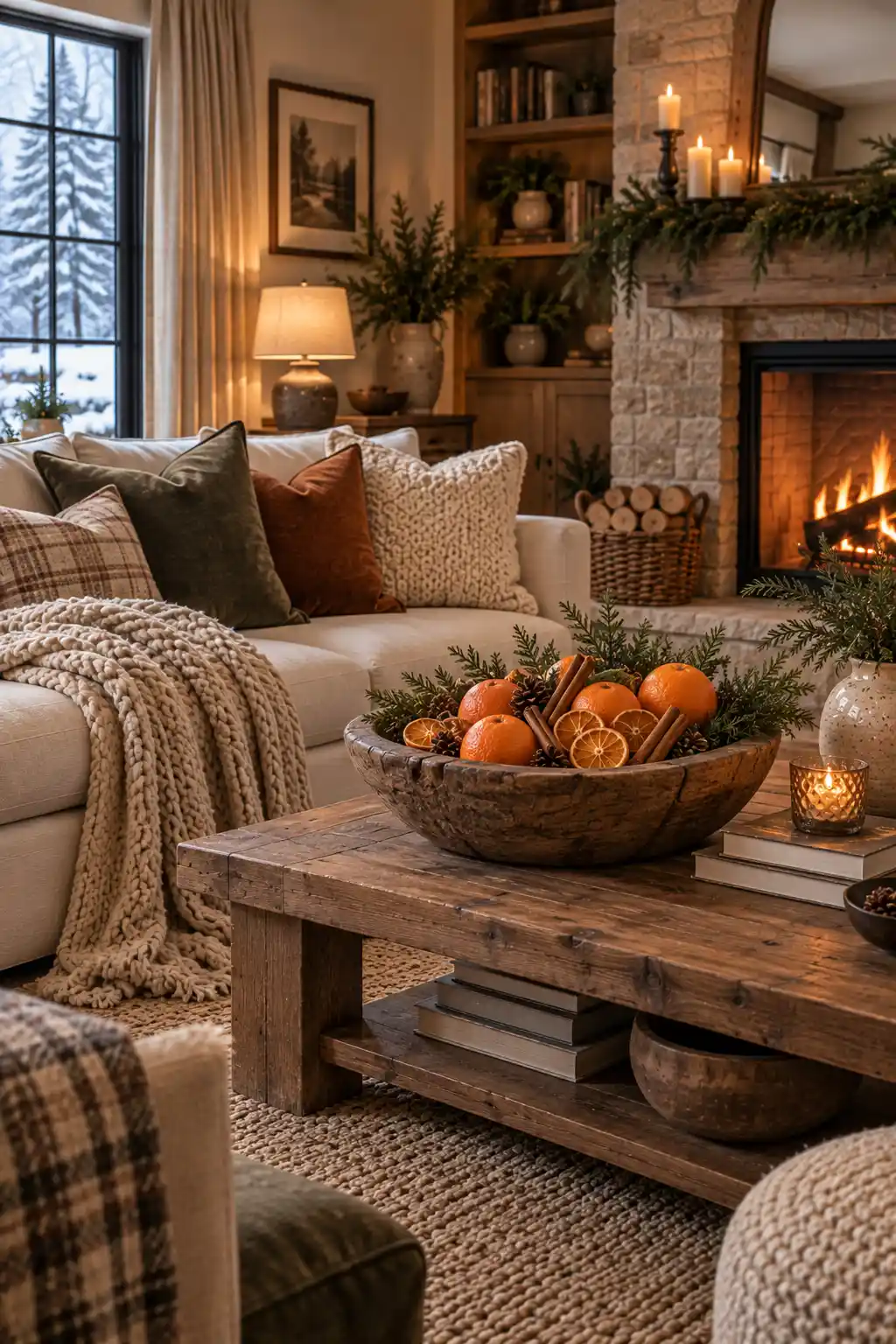 Warm winter living room with a rustic wooden bowl filled with oranges, dried orange slices, cinnamon sticks, and evergreen sprigs on a natural wood coffee table.