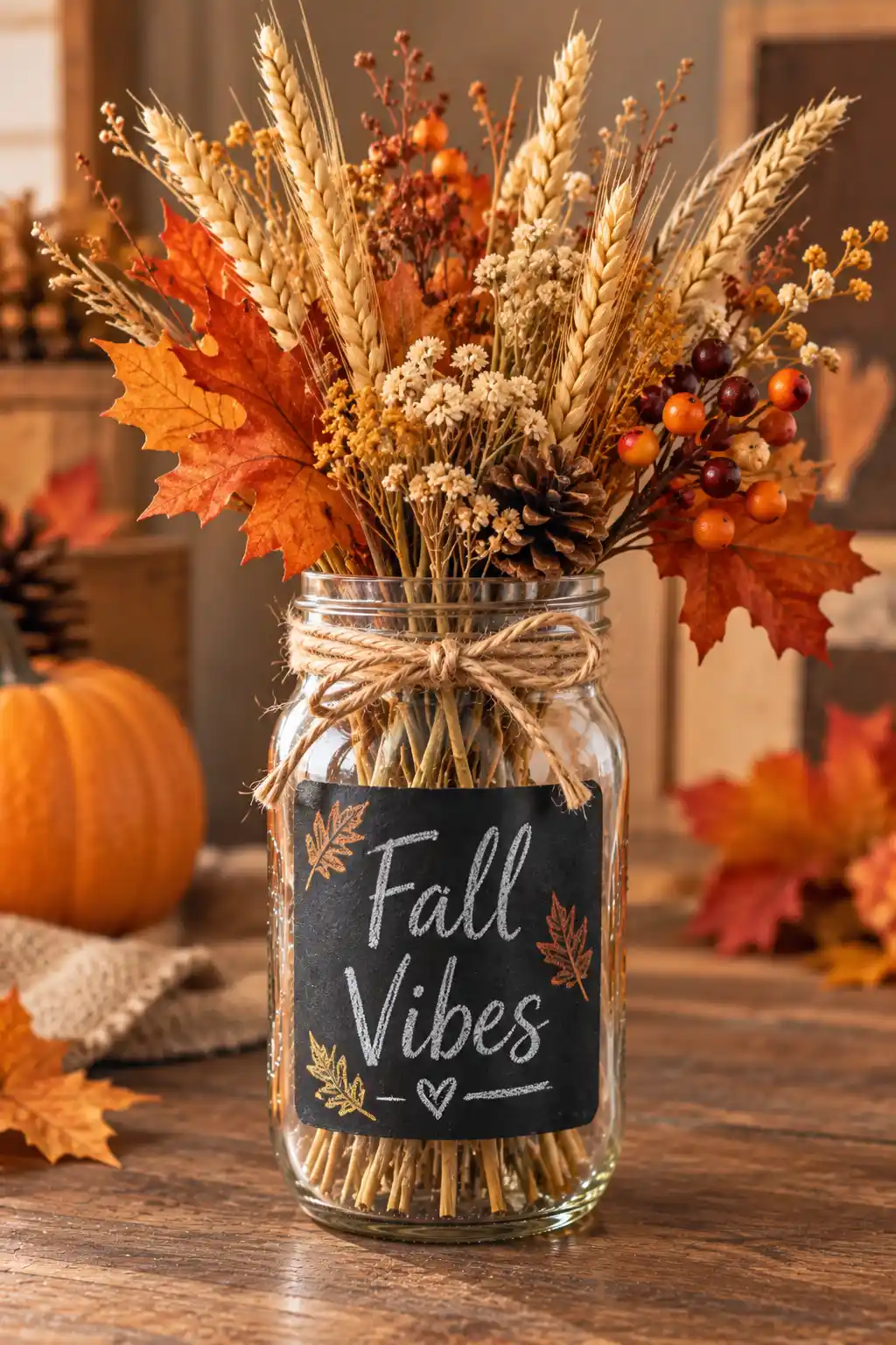 Mason jar with a black chalkboard label reading Fall Vibes, filled with dried wheat and autumn foliage for a seasonal decoration.