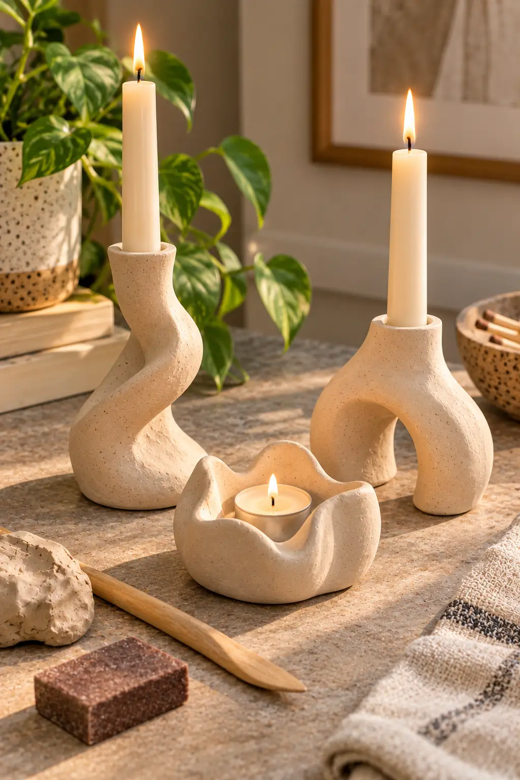 Handmade air dry clay candle holders with sculpted organic curves, thick stable bases, and candles displayed on a contemporary tabletop.
