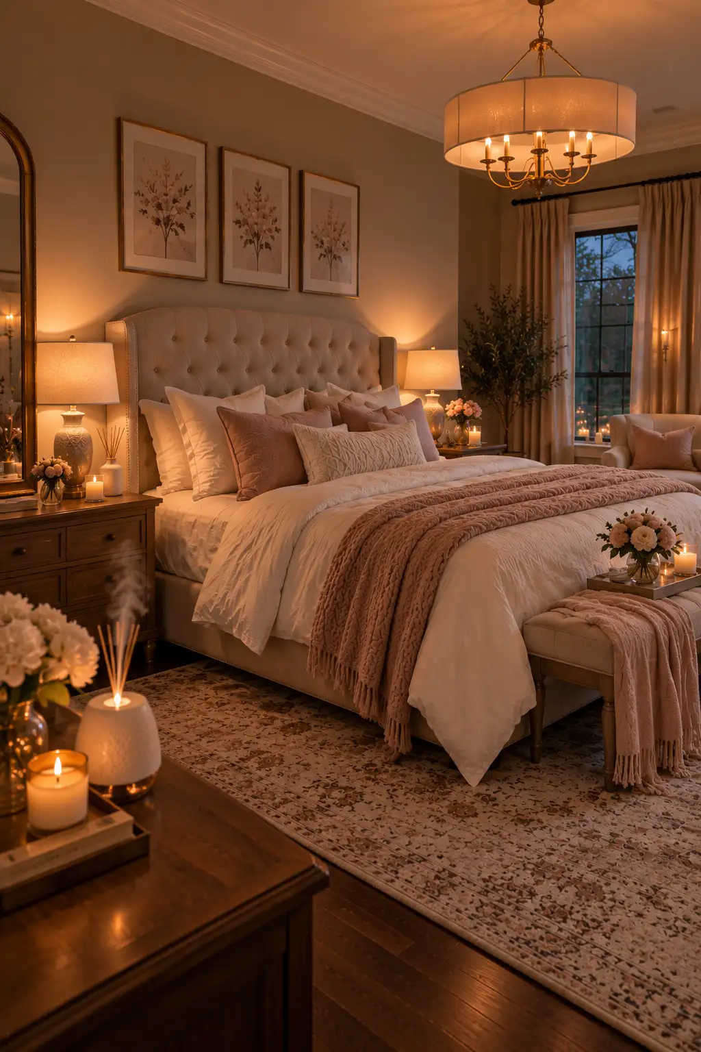 Serene romantic bedroom featuring a stylish scented diffuser and essential-oil candles on a nightstand, surrounded by warm lighting, soft bedding, flowers, and cozy decor.