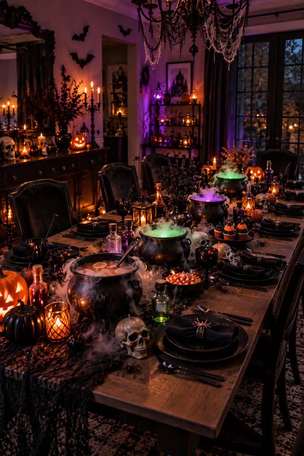 Black Halloween mini cauldrons arranged on a party table with realistic low fog, pumpkins, potion bottles, skull decorations, and spooky party accessories.