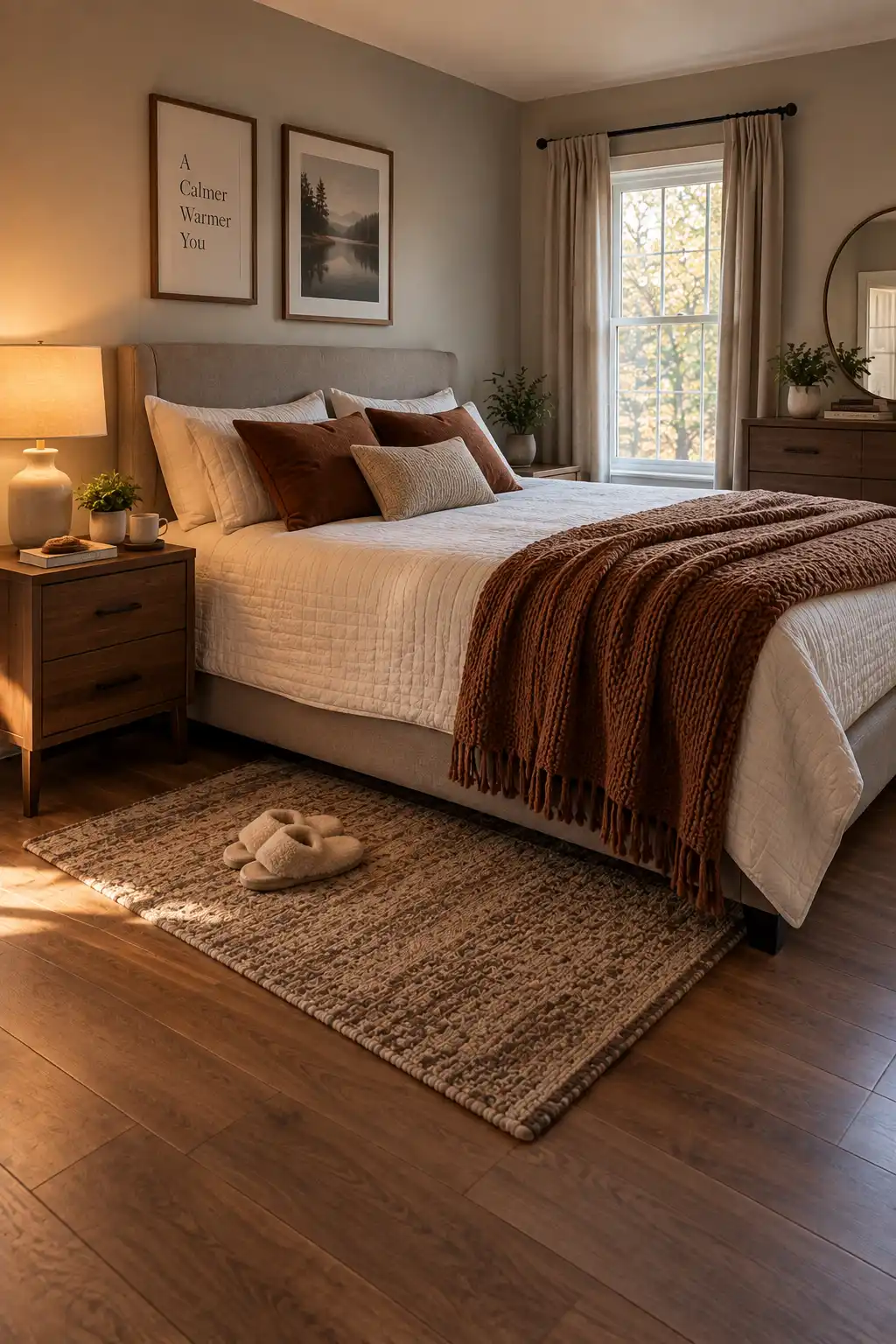Realistic bedroom with a small warm neutral rug placed beside the bed, adding softness and warmth to the floor for the fall season.