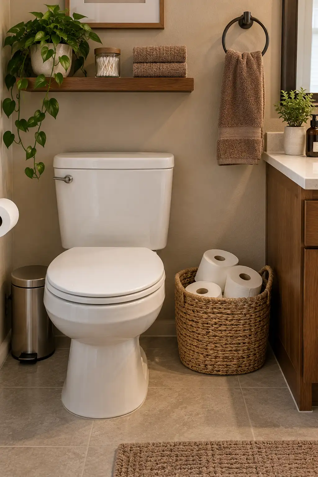 Realistic bathroom with a small warm-neutral storage basket filled with extra toilet paper rolls beside a ceramic toilet and bathroom shelving.