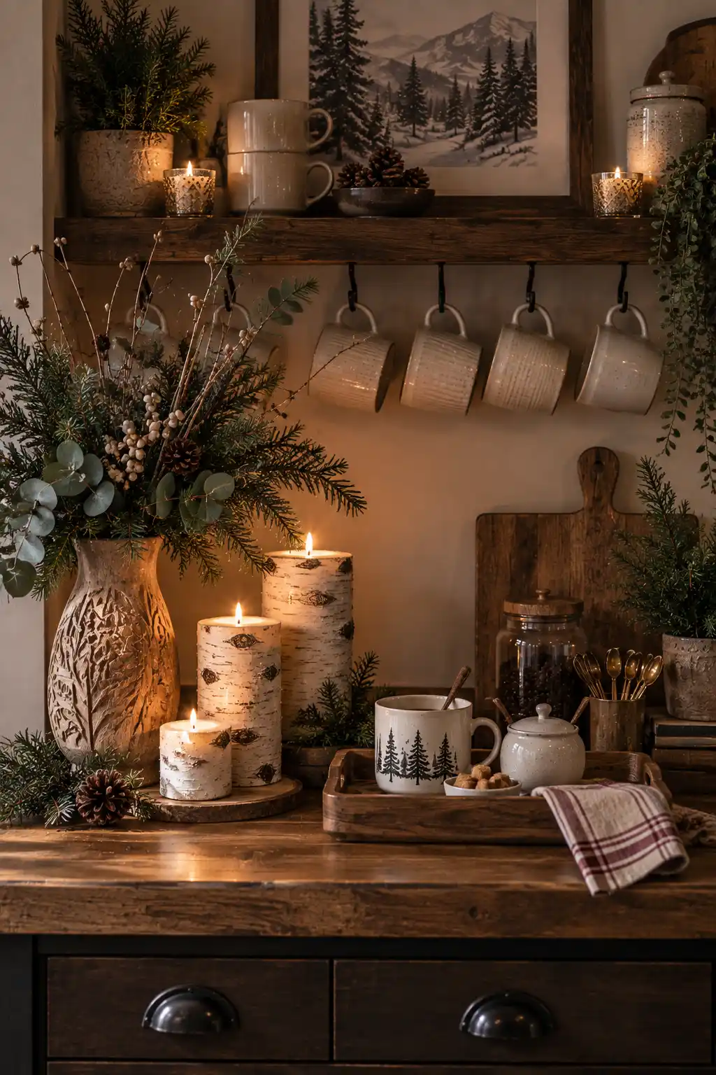 Quiet winter coffee bar vignette featuring birch-style candles, a carved wooden vase filled with winter branches and greenery, a ceramic coffee mug, wooden tray, and neutral seasonal accents.