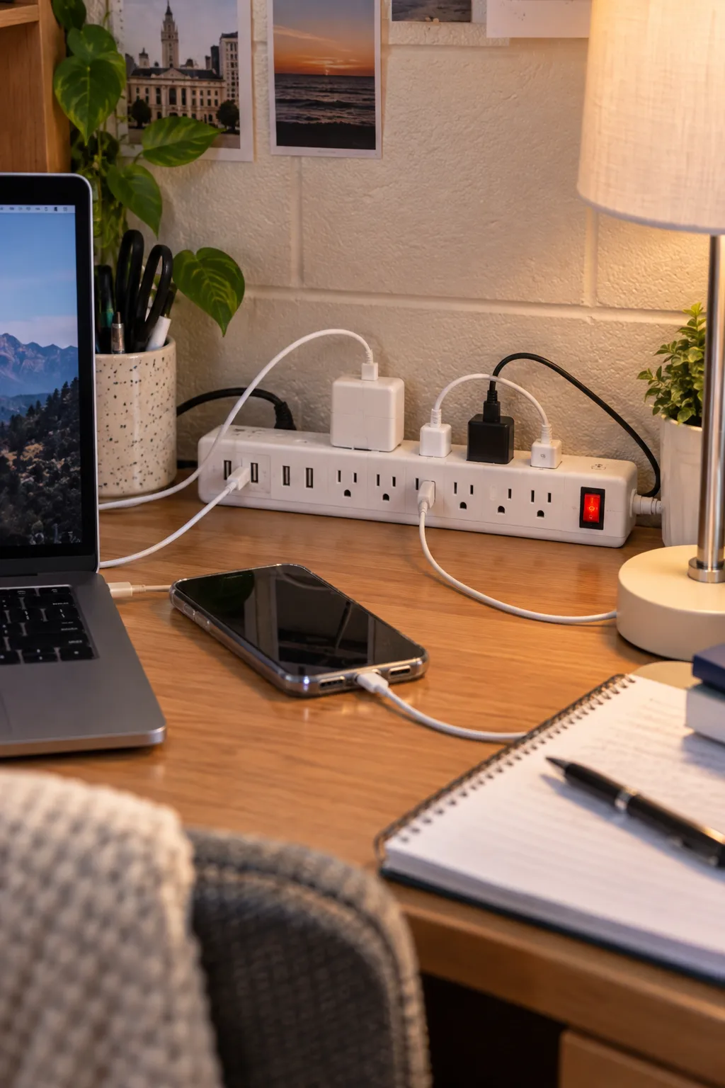 College dorm power strip with multiple safe charging connections for a laptop, phone, desk lamp, and other everyday student electronics on a compact desk.