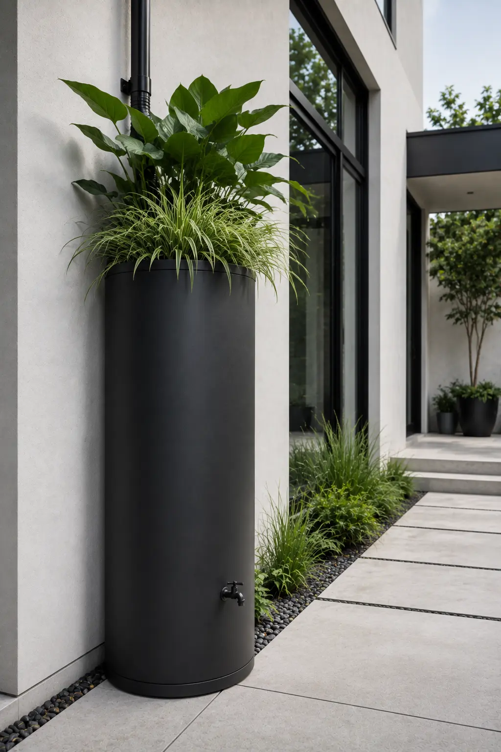 Modern matte-black rain barrel topped with an integrated planter overflowing with dramatic green architectural foliage, positioned beside a contemporary home with concrete paving and sophisticated minimalist landscaping.