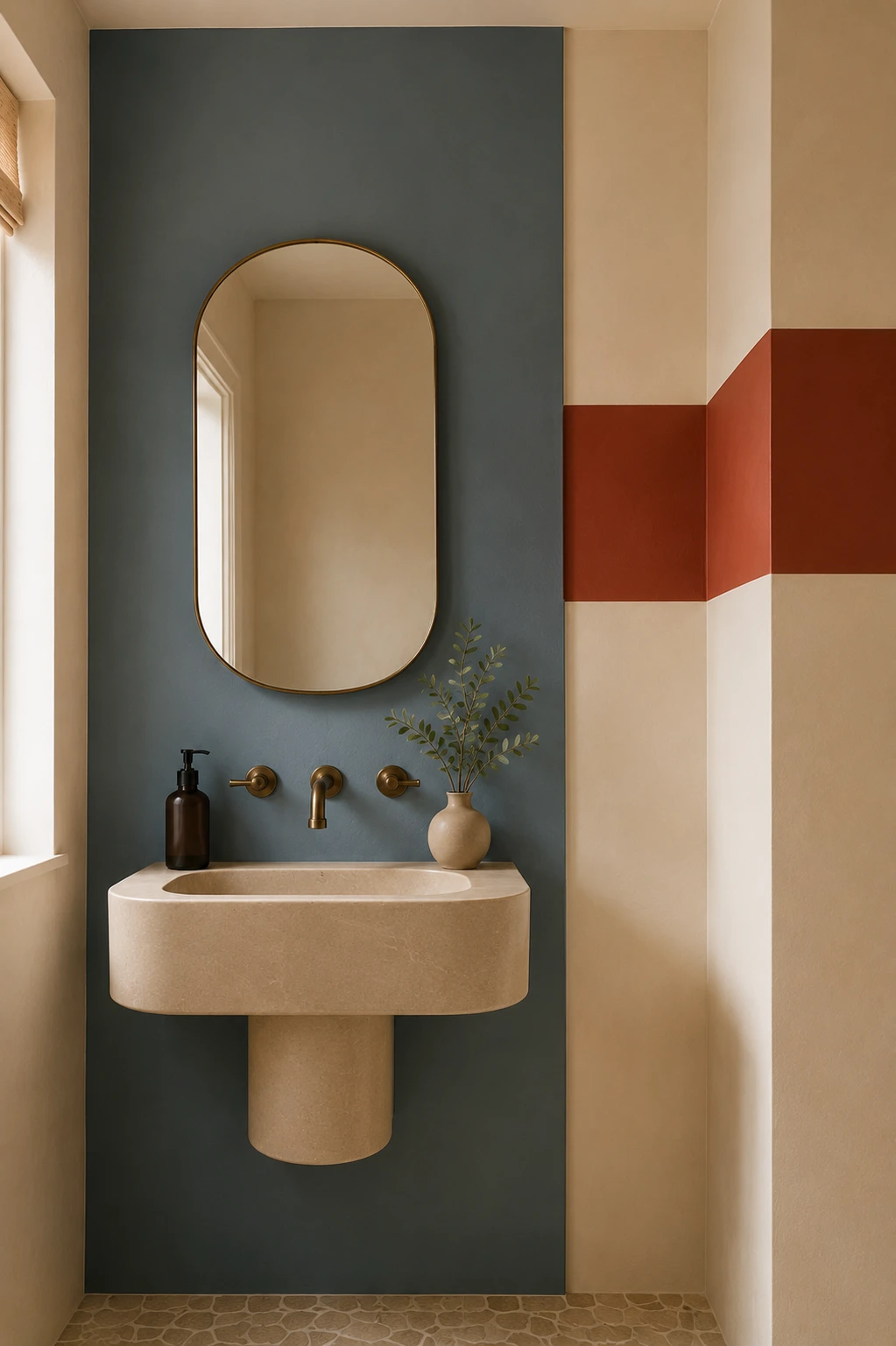 Modern small bathroom featuring architectural color blocking with dusty blue and terracotta wall sections surrounding a compact sculptural sink and rounded mirror.