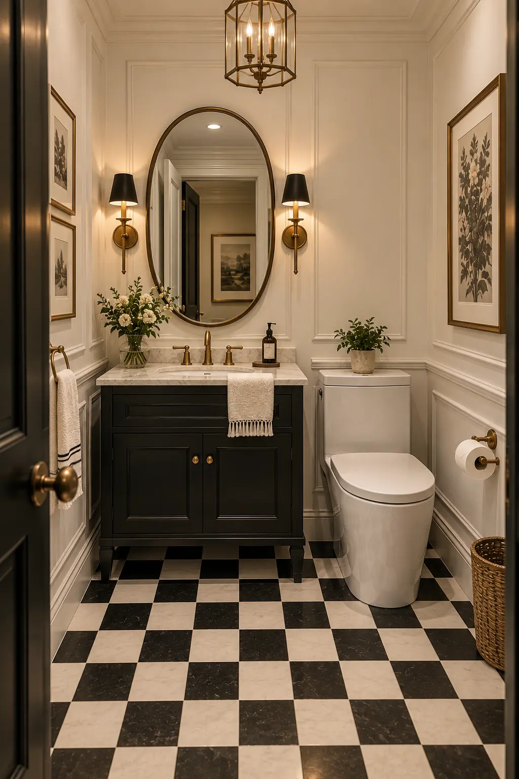 Stylish checkerboard powder room with black and white tiled flooring, petite black vanity, marble countertop, brass faucet, oval mirror, warm sconces, white toilet, and fresh flowers.
