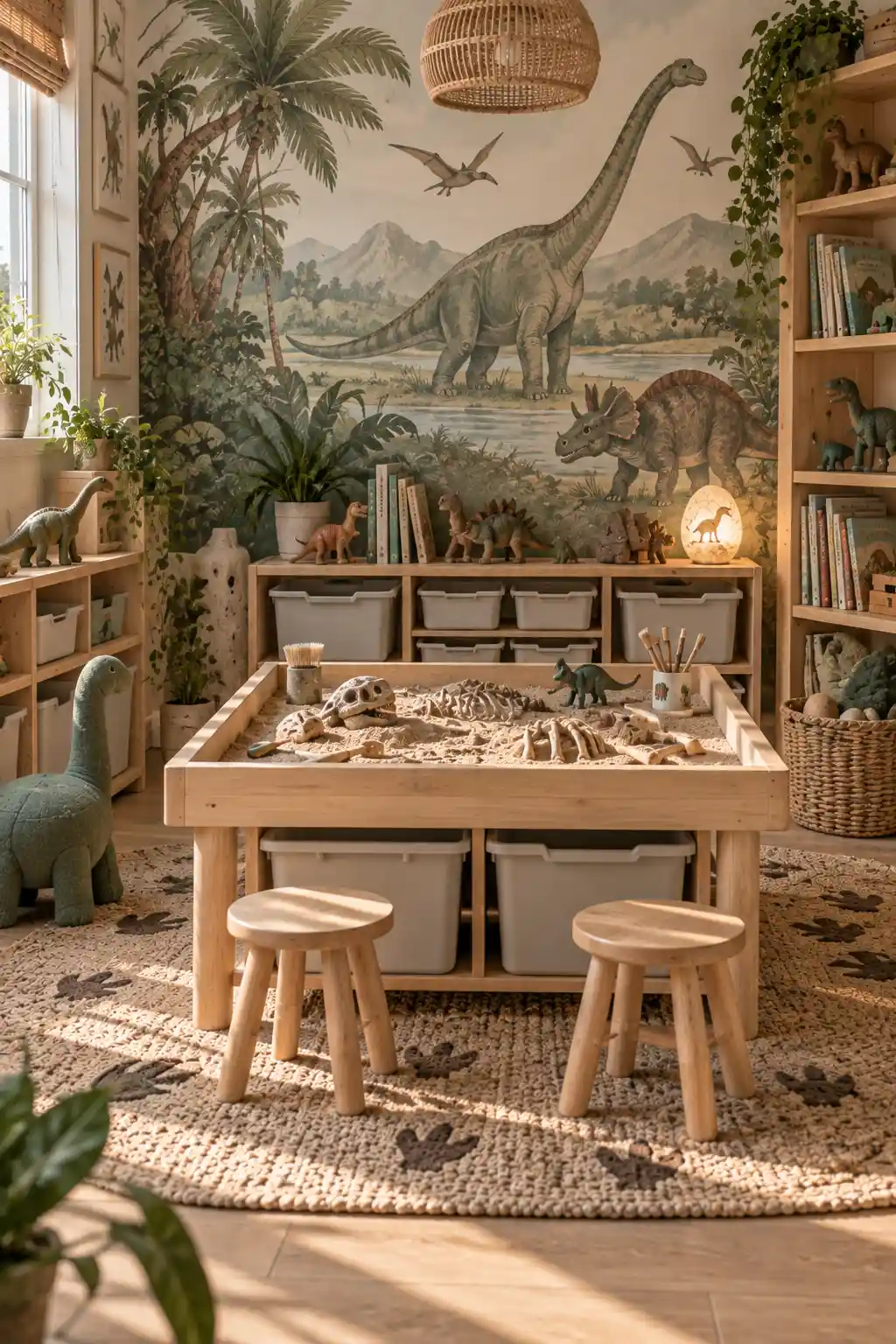 Dinosaur-themed kids' playroom with a pretend excavation table, dinosaur fossils, prehistoric wall mural, dinosaur toys, natural wood shelving, and earthy sage and brown decor.