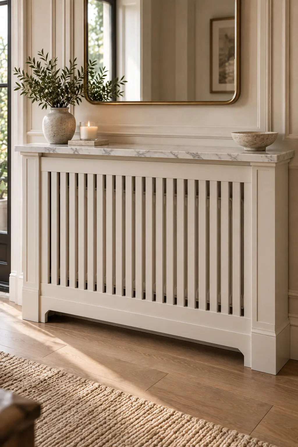 Elegant neutral radiator cover with a slim natural marble top, subtle veining, ventilation panels, and upscale interior styling.