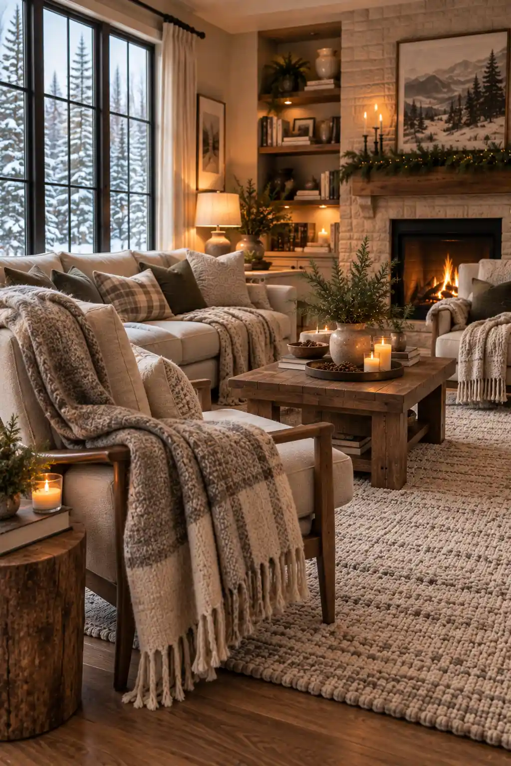 Cozy winter living room with soft wool throws casually draped over upholstered accent chairs, alongside a neutral sofa, textured cushions, wool rug, wooden table, and warm lighting.