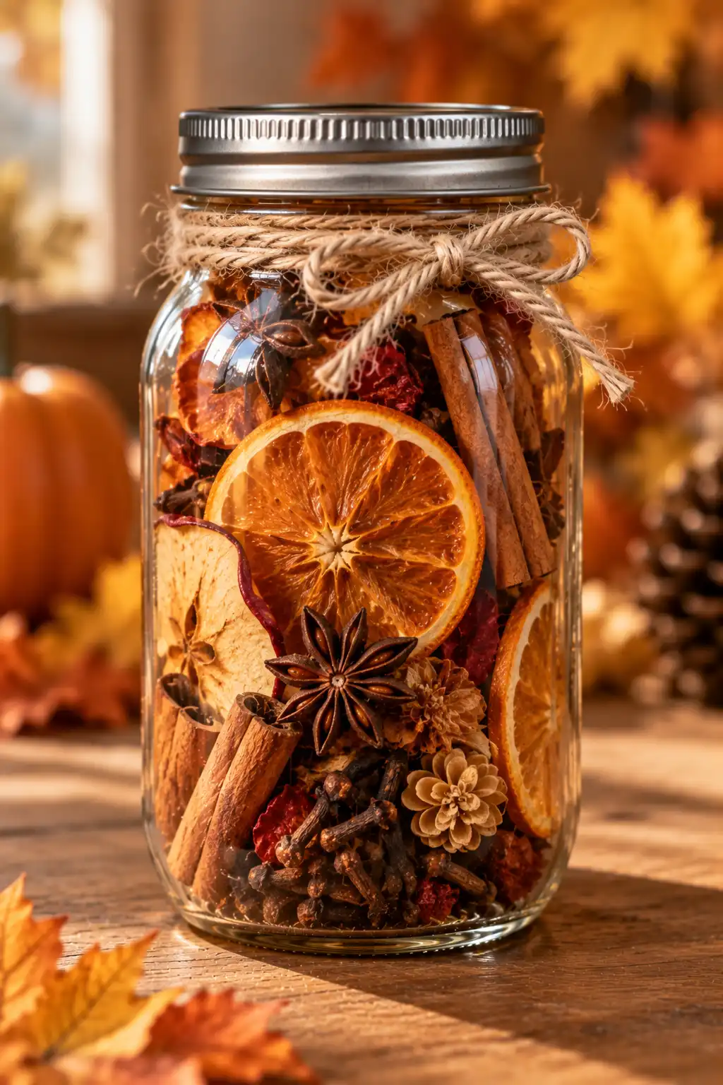 Elegant Mason jar with a hand-painted gold rim filled with miniature pumpkins, dried wheat, golden leaves, and autumn harvest accents.