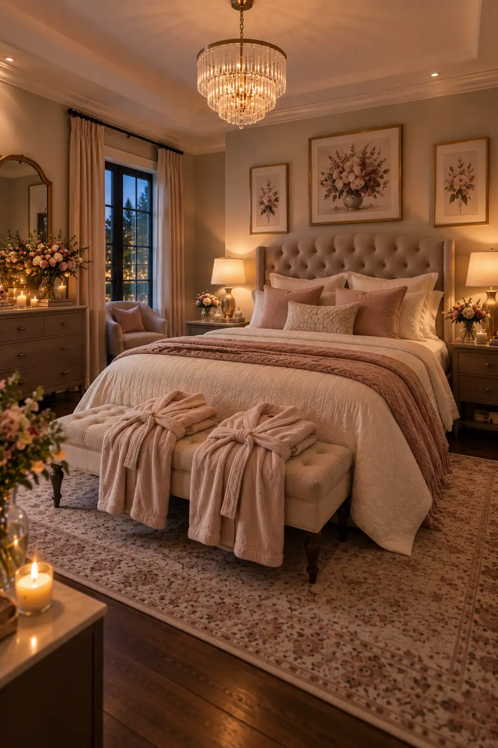 Elegant romantic bedroom with two matching plush robes and a coordinated throw blanket draped at the foot of the bed, surrounded by soft layered bedding and warm decor.