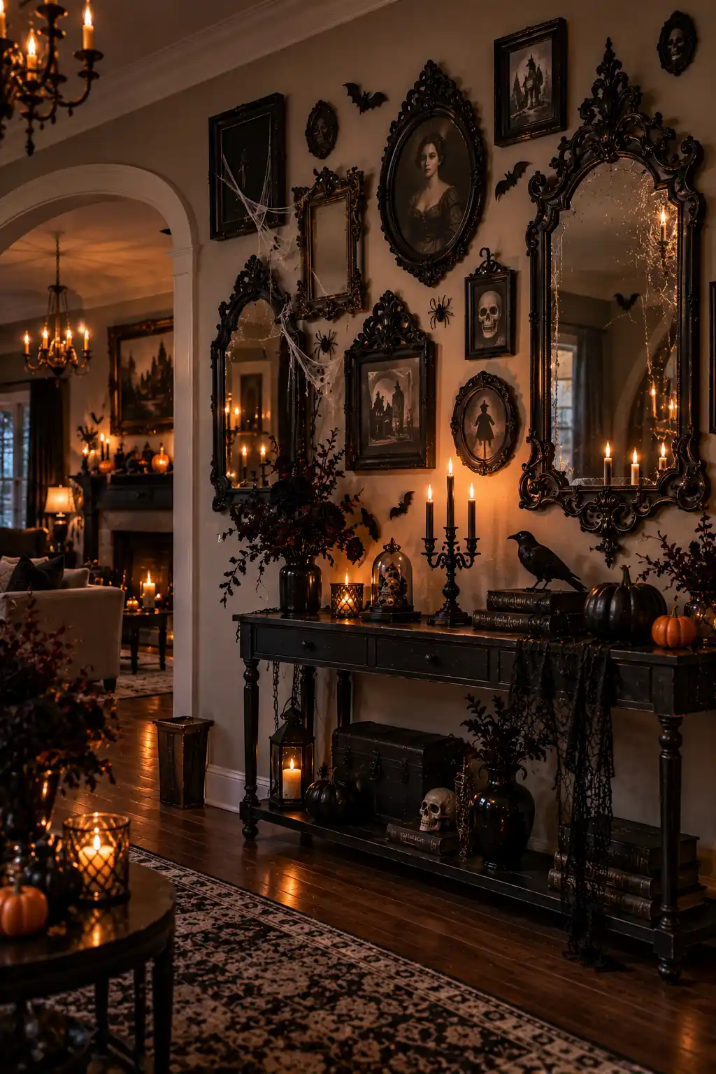 Gothic Halloween gallery wall featuring ornate black mirrors, vintage picture frames, spooky portraits, black roses, bats, and cobweb accents.