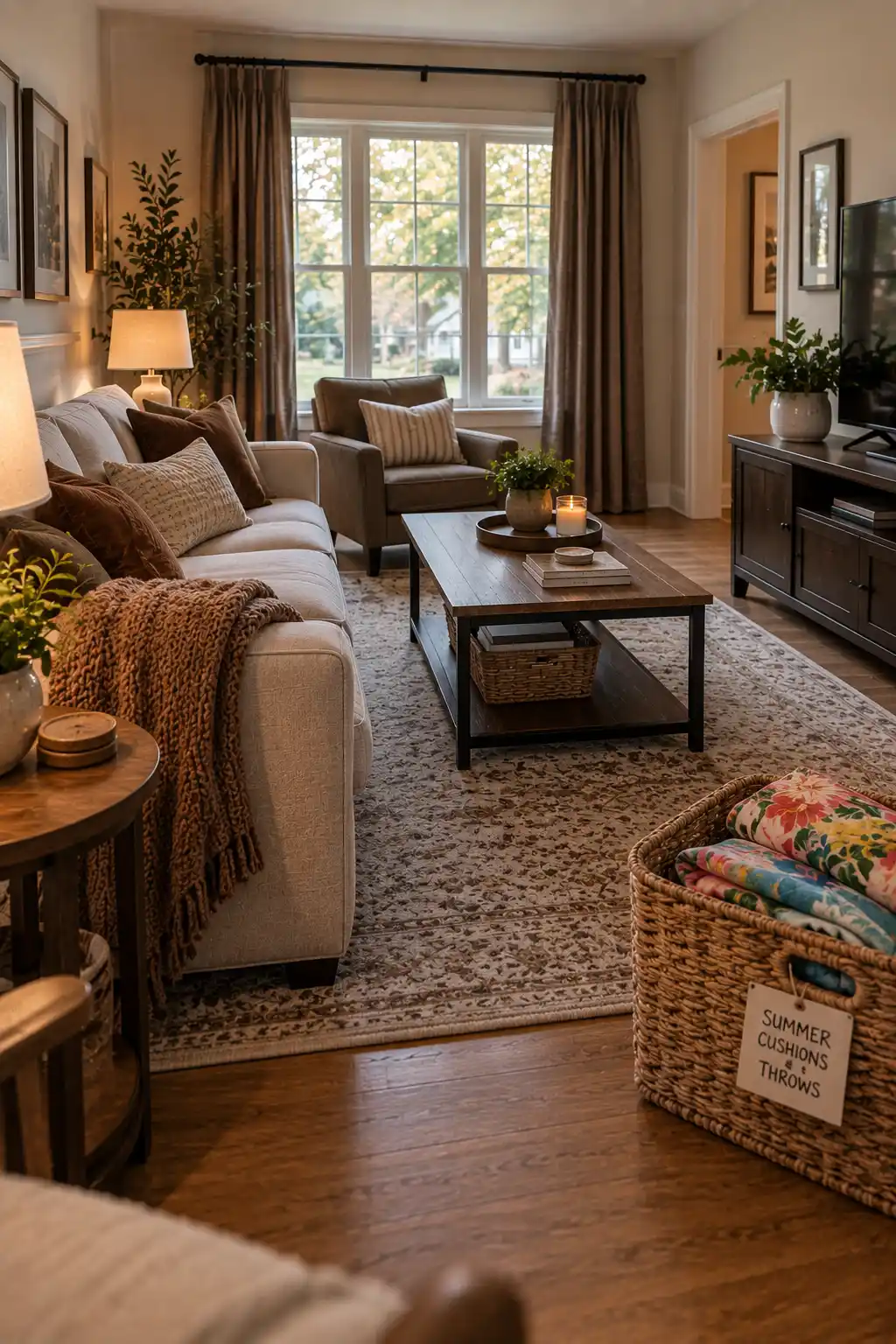 Realistic living room transitioning from summer to fall with bright floral cushion covers stored away while neutral and darker textiles create a calmer seasonal look.