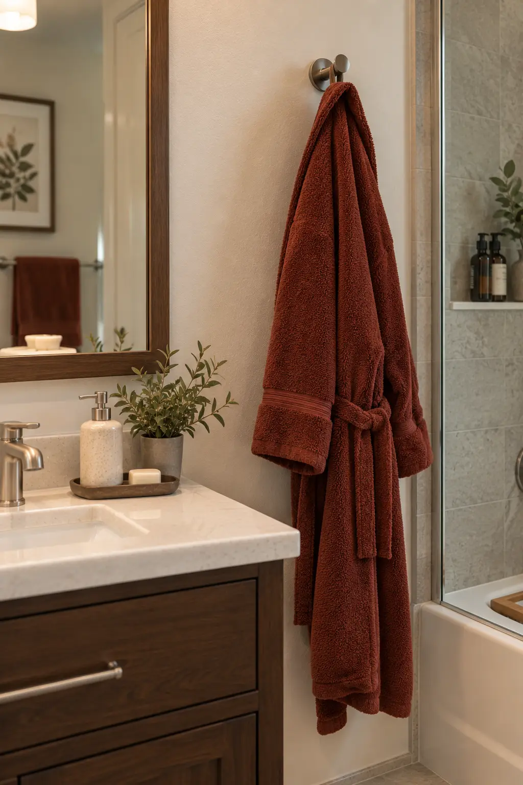 Realistic bathroom wall with a simple metal hook holding a softly draped warm-toned bathrobe beside a vanity, mirror, sink, and contemporary bathroom fixtures.