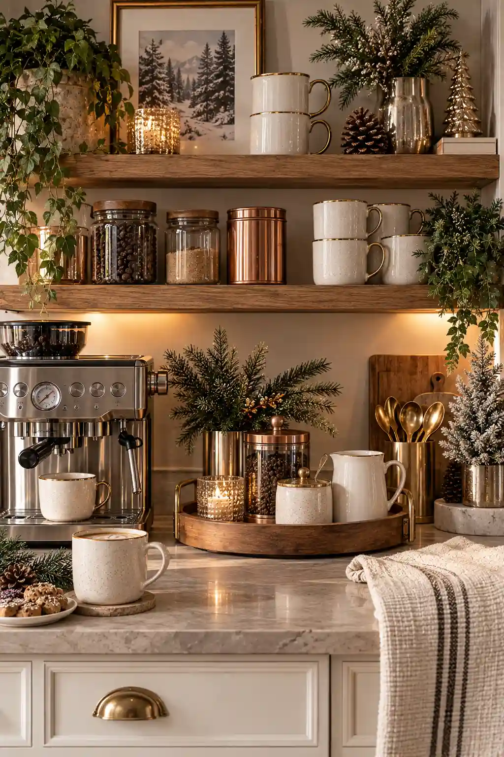 Elegant winter coffee bar decorated with subtle gold, copper, and silver accents alongside cream ceramic mugs, a coffee machine, wooden tray, coffee containers, evergreen branches, and seasonal decor.