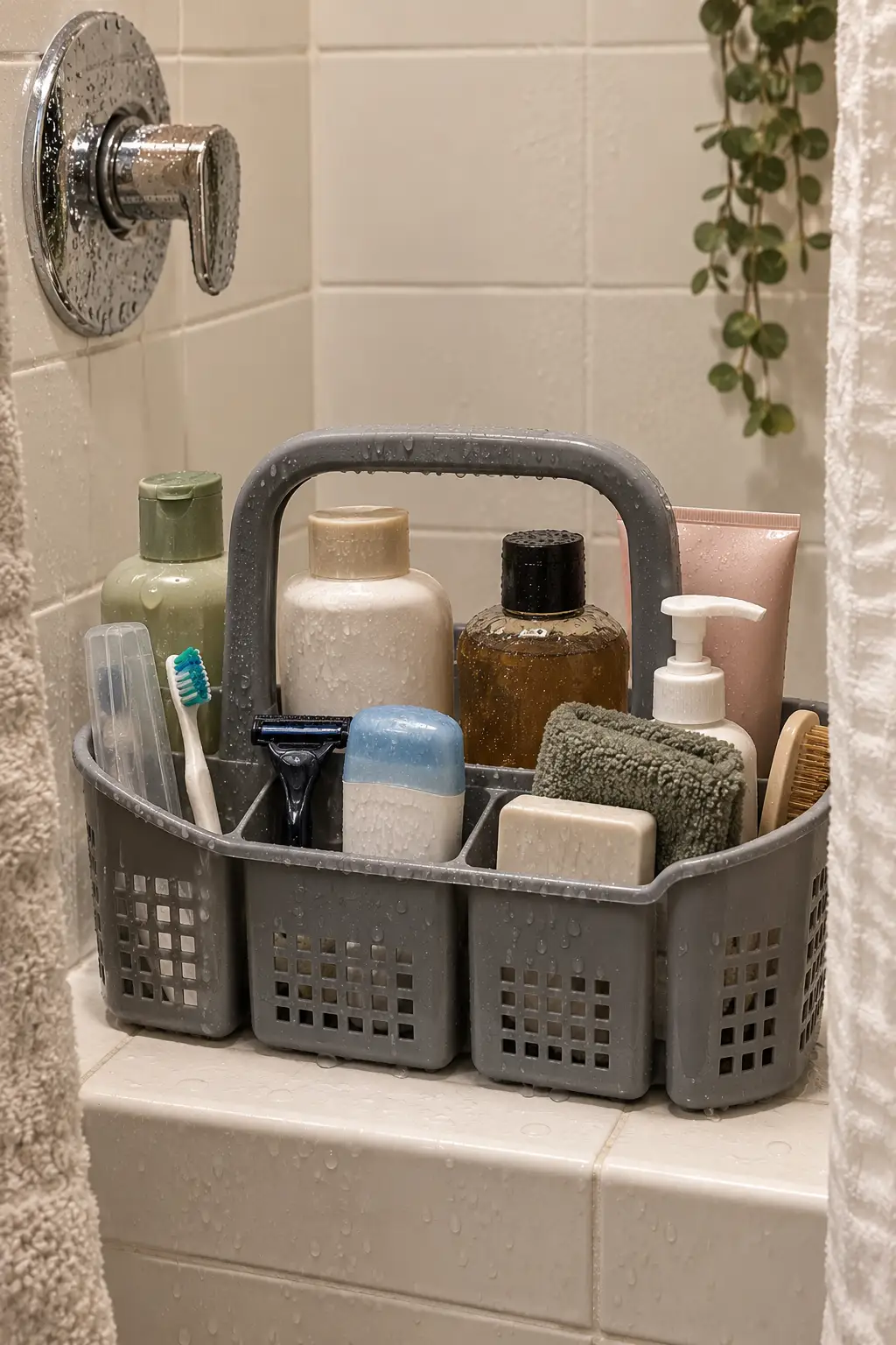 Portable college shower caddy filled with shampoo, conditioner, body wash, facial cleanser, toothbrush, toothpaste, razor, and other toiletries in a shared dorm bathroom.