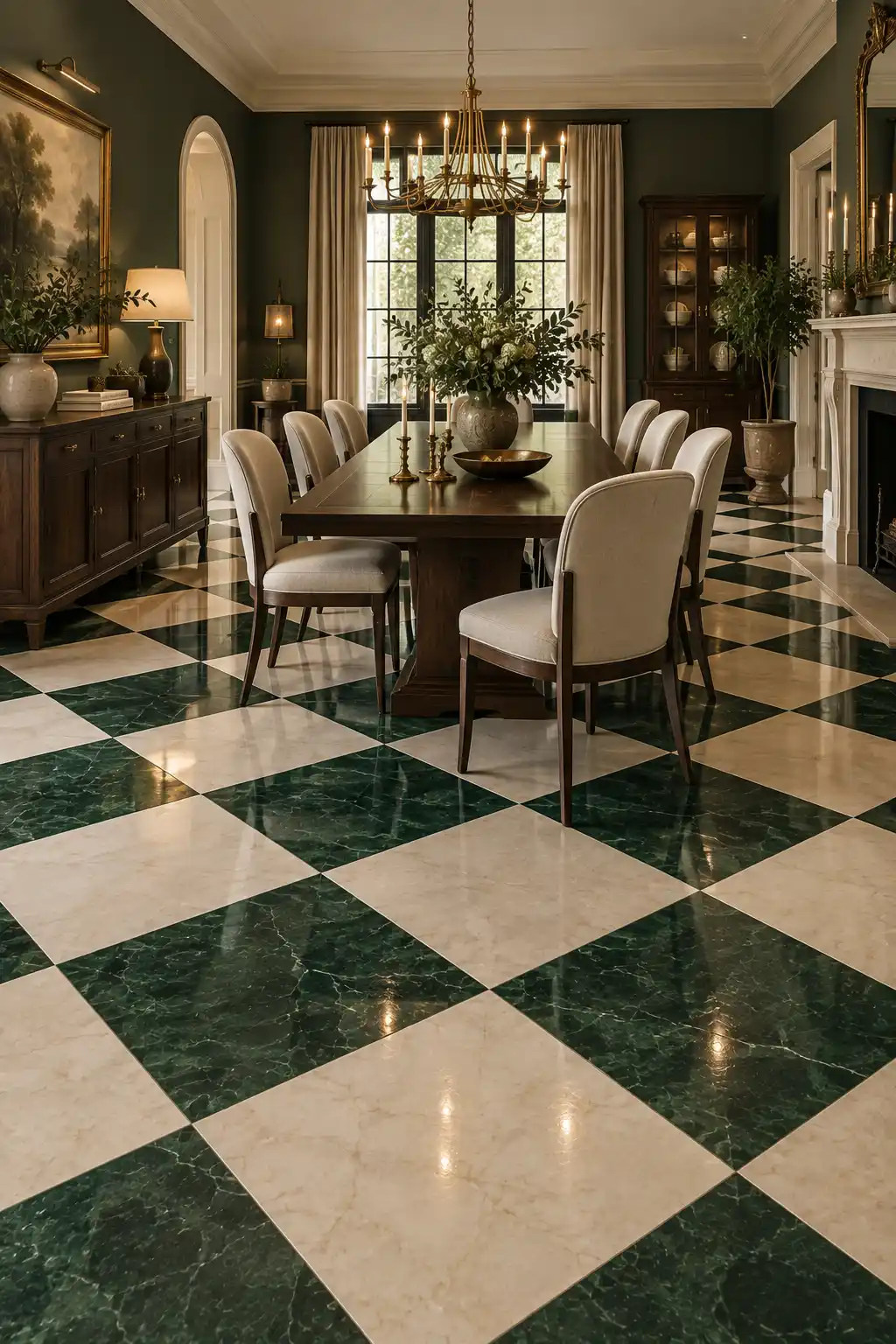 Elegant dining room with an emerald green and ivory checkerboard floor, dark walnut dining table, upholstered chairs, brass accents, sculptural chandelier, and refined luxury décor.