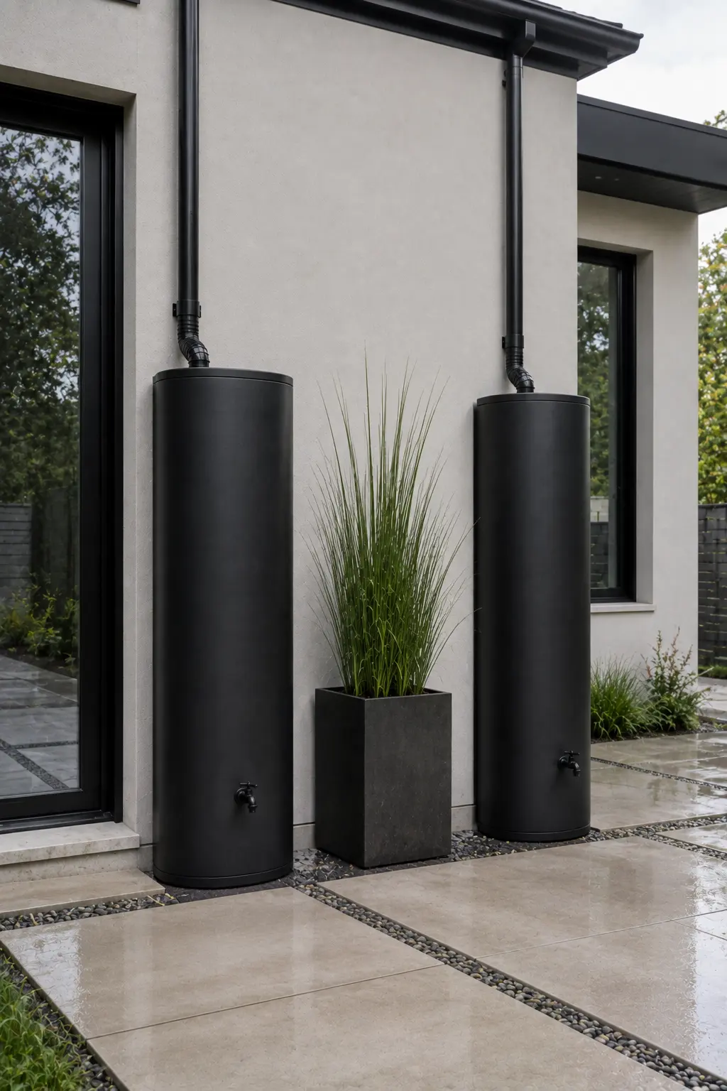 Two matching slim charcoal rain barrels arranged symmetrically beside a contemporary house, with connected downspouts, minimalist water outlets, a central modern planter, concrete paving, and architectural greenery.