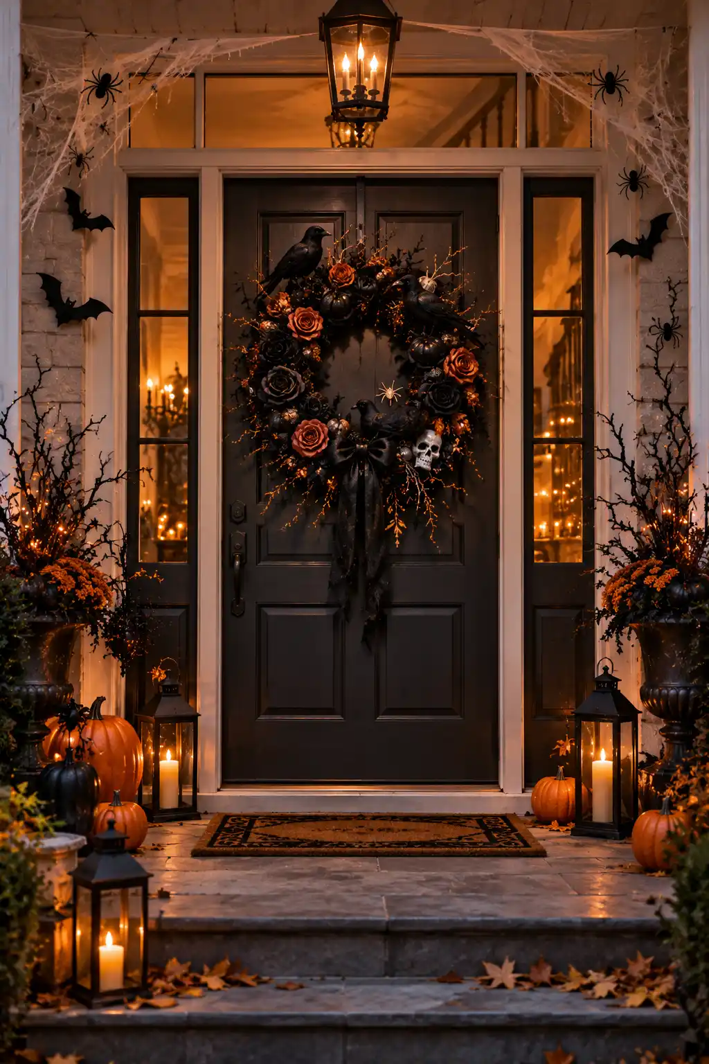 Black Halloween wreath made with dark roses, faux ravens, spiders, foliage, and orange accents displayed on a decorated front door.