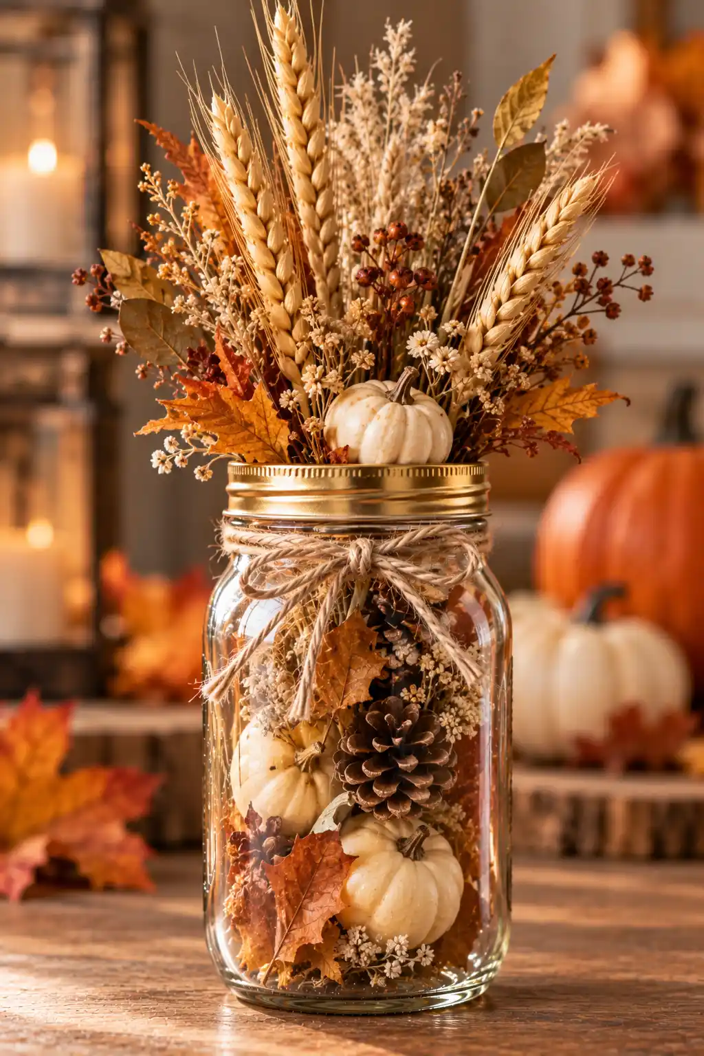 Clear Mason jar filled with dried orange slices, cinnamon sticks, cloves, star anise, and dried botanicals for a fragrant fall potpourri display.