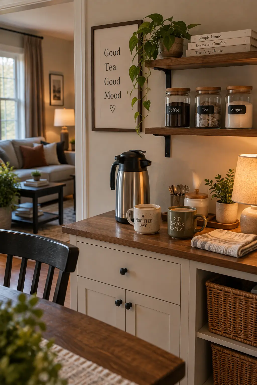 Realistic home tea and coffee corner with two ceramic mugs, a practical thermos, tea or coffee supplies, and a warm drink arranged on a small kitchen counter.