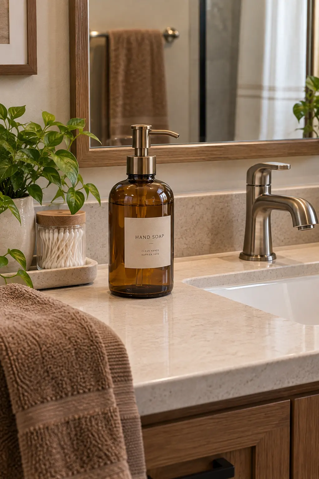 Realistic bathroom vanity featuring a simple amber glass soap dispenser with a metal pump beside a ceramic sink, folded hand towel, and modern bathroom fixtures.