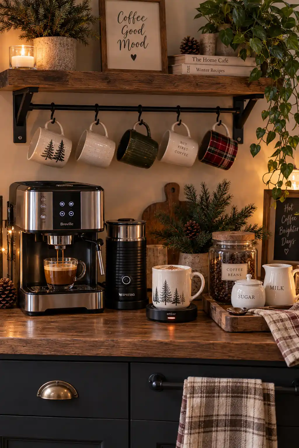 Functional winter coffee station with a realistic coffee machine, visible milk frother, ceramic mug sitting on a mug warmer, coffee beans, milk pitcher, wooden tray, and subtle winter greenery.