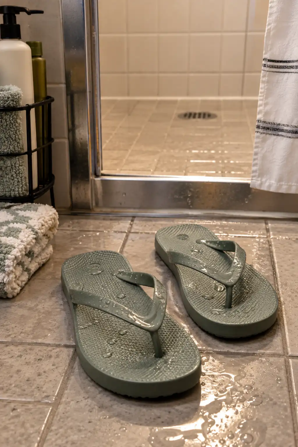 Pair of waterproof shower flip-flops positioned on the tiled floor of a shared college dorm bathroom beside a shower caddy and folded towel.