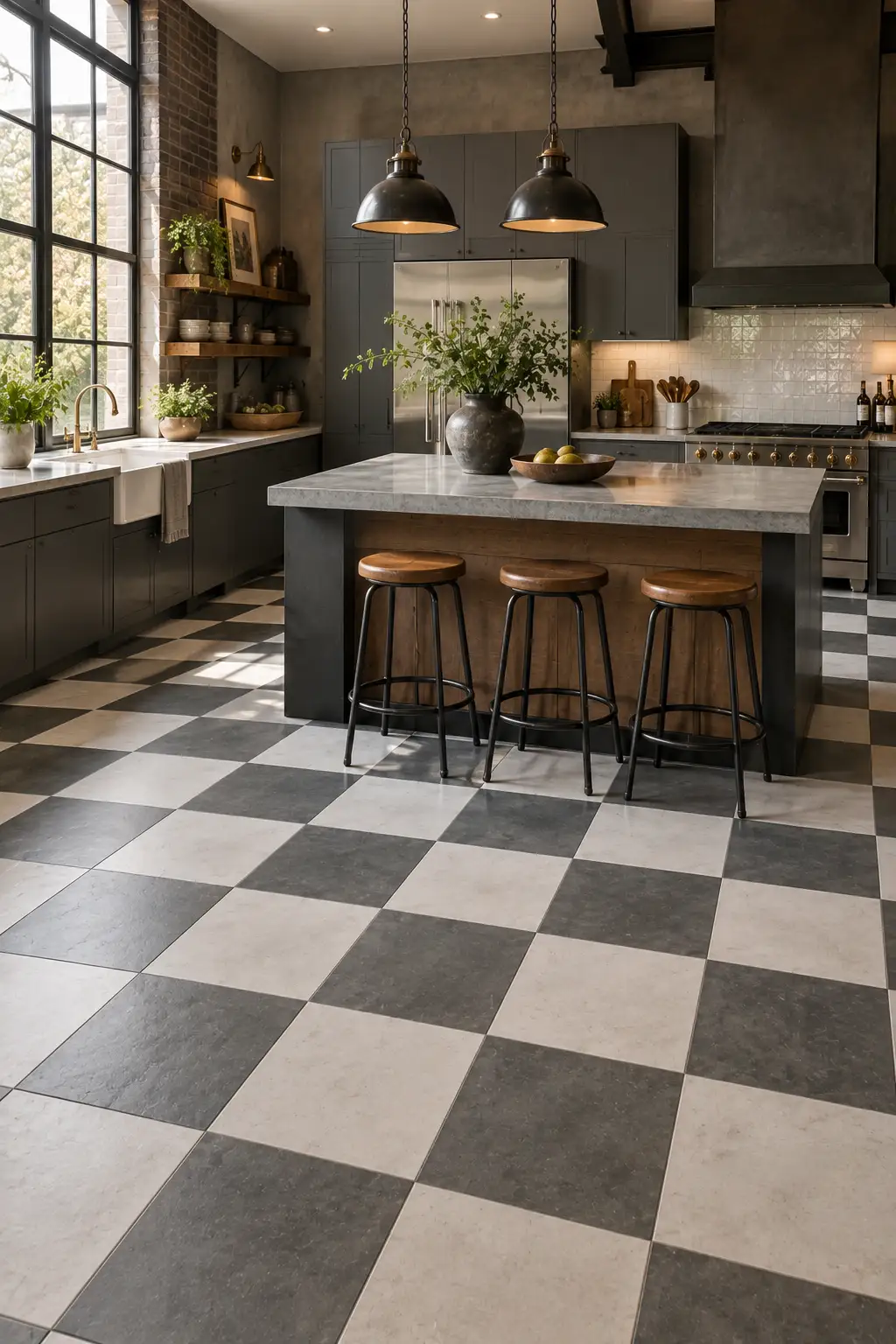 Industrial-modern kitchen with a graphite gray and white checkerboard floor, streamlined cabinetry, concrete-inspired countertops, metal fixtures, dark-framed windows, and contemporary lighting.