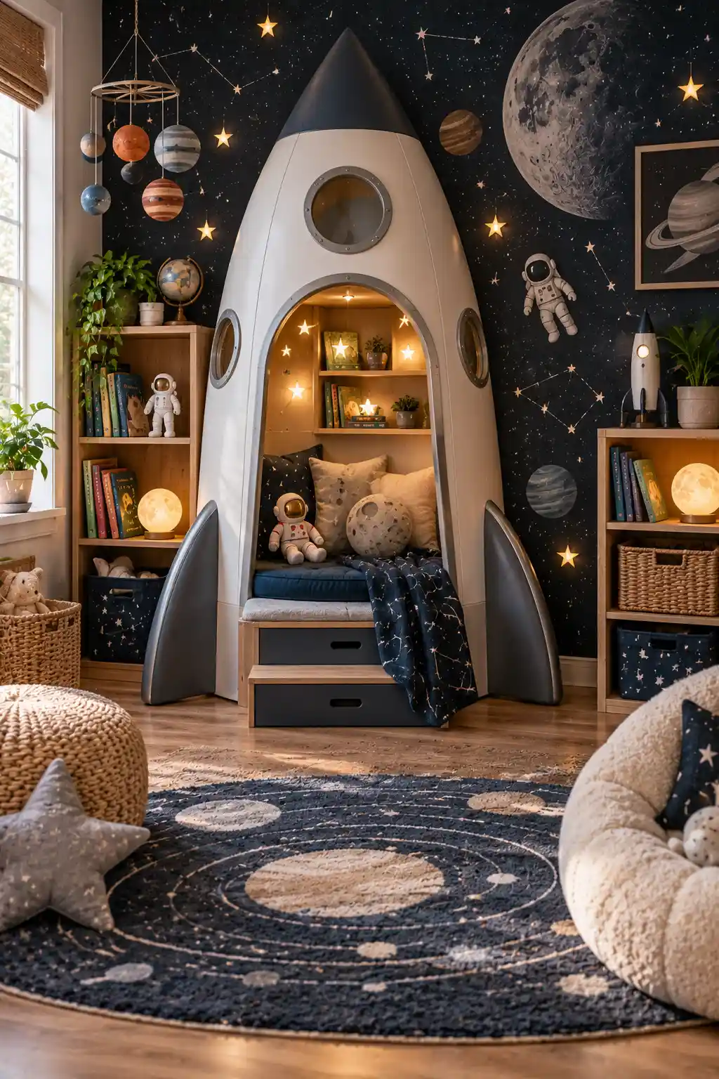 Outer space children's playroom with a dark navy accent wall, glowing stars, constellation decor, rocket-shaped reading nook, space books, planets, and organized toy storage.